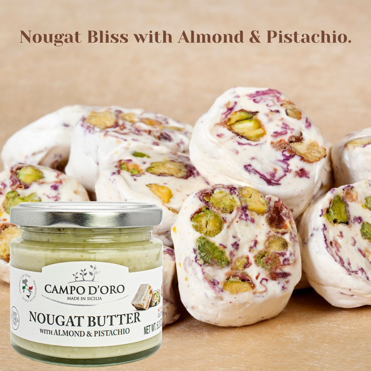 Jar of Campo D’Oro nougat butter with almond and pistachio 180g authentic Italian gourmet sweet cream spread