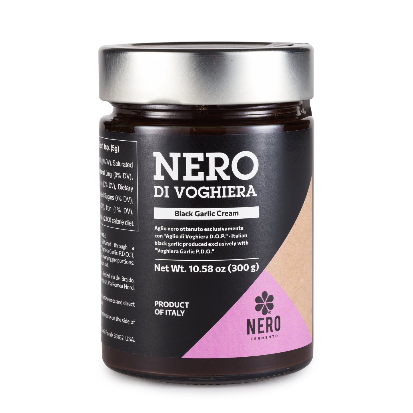 Jar of Nero Di Voghiera black garlic cream on a white background