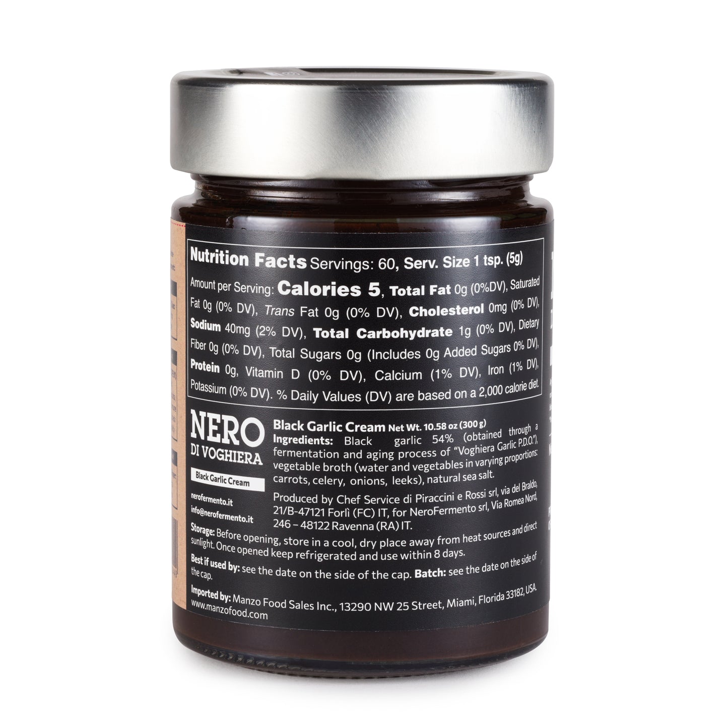 Nero di Voghera black garlic cream jar with nutrition facts label on a white background