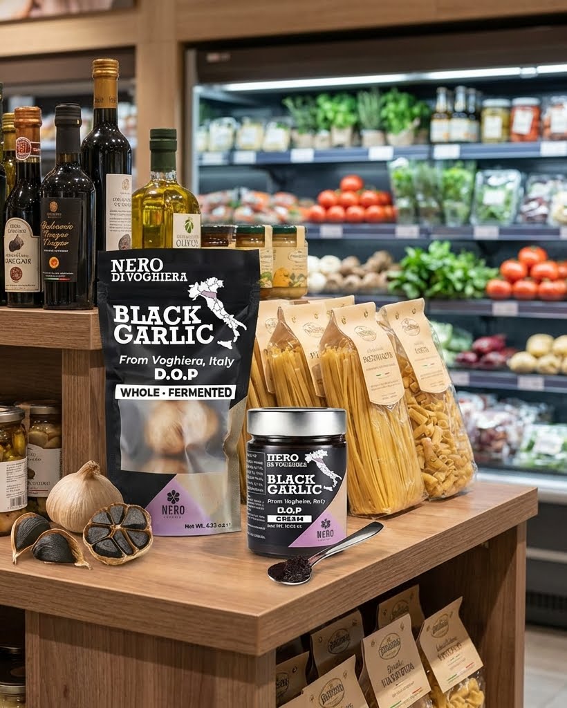 Nero di Toscana black garlic products on a wooden shelf with grocery store background