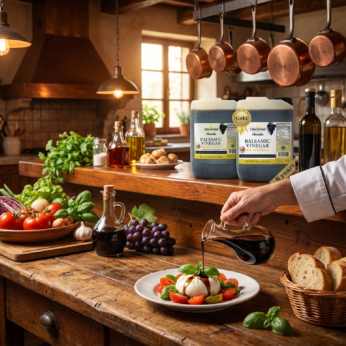 L’Oro Del Sud Mariella Gold Balsamic Vinegar of Modena, P.G.I. certified, aged 8 years, in a 5-liter container with gold award seal and nutrition facts label