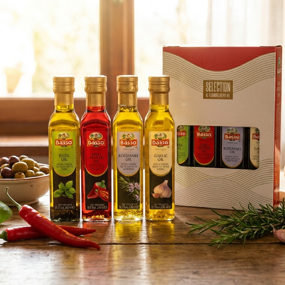 Basso 1904 Infused Extra Virgin Olive Oil Gift Set – Garlic, Chili Pepper, Rosemary, Basil – 4 x 8.5 fl oz (250 ml)