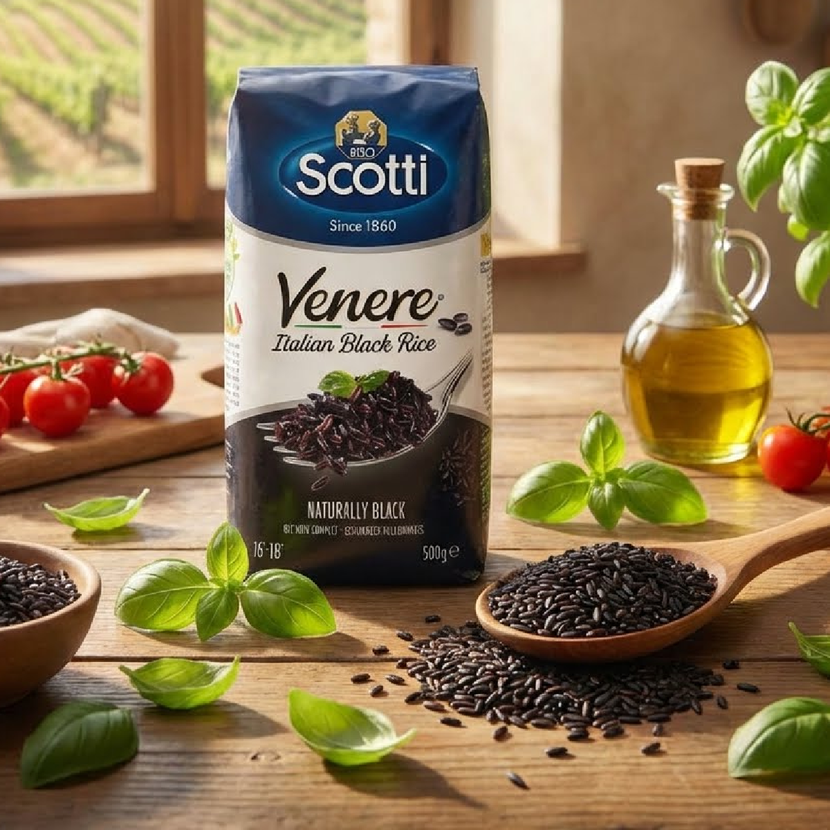 Scotti Venere Italian Black Rice packaging on a wooden table with black rice and basil.