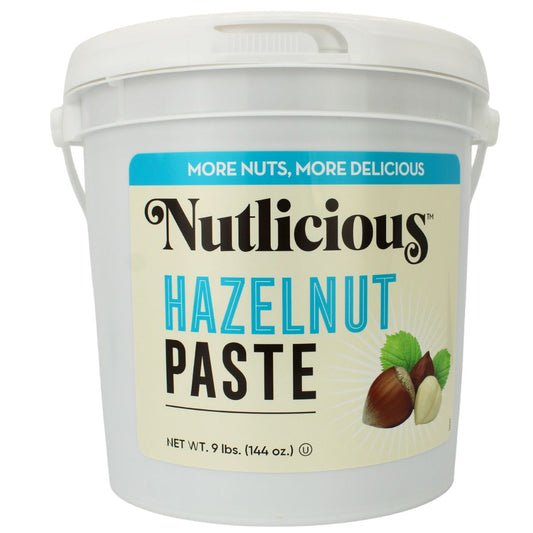 Bucket of Nutlicious Hazelnut Paste with a white label on a white background