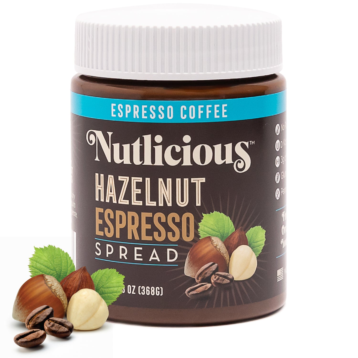A jar of Nutlicious Hazelnut Espresso Spread with a label showing roasted hazelnuts and coffee beans. The jar is brown with a white lid and blue accents.