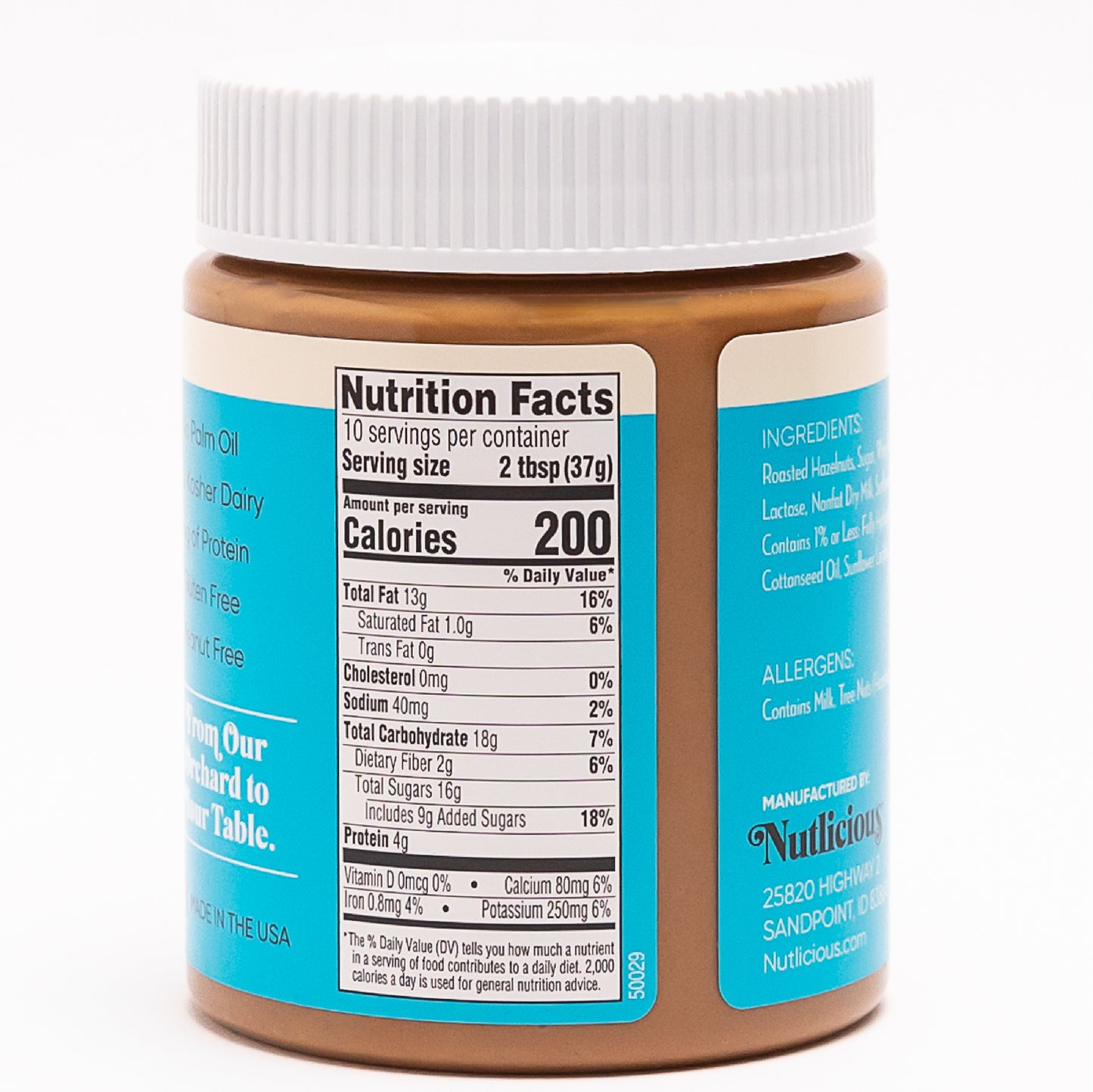 Nutlicious Hazelnut Butter Spread jar side label showing detailed Nutrition Facts (200 calories per 2 tbsp serving, 4g protein, 13g total fat, 18g carbs) and ingredient list with allergen information.