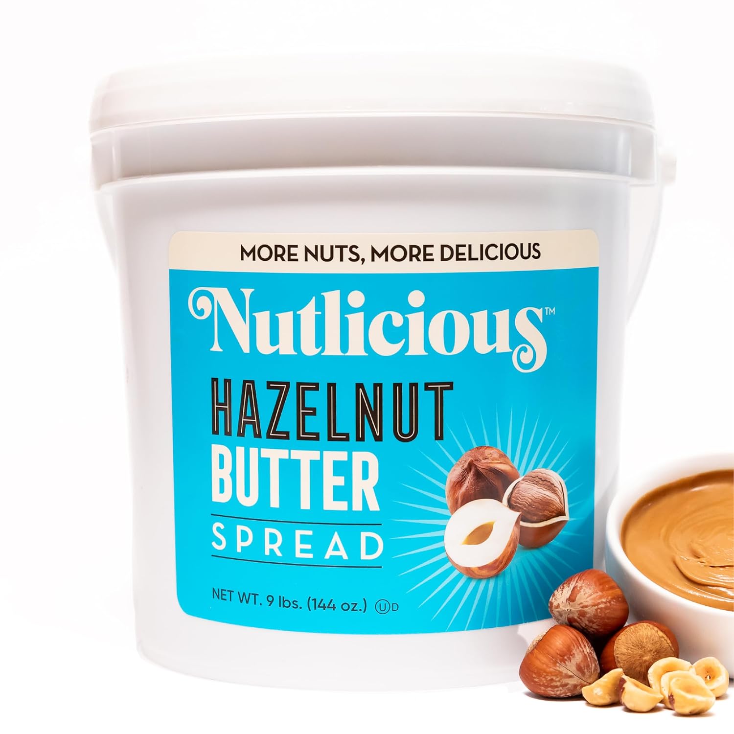 Nutlicious Hazelnut Butter Spread 9 lb bucket with smooth texture and whole hazelnuts.