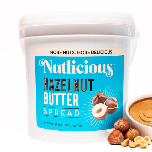 Nutlicious Hazelnut Butter Spread 9 lb bucket with smooth texture and whole hazelnuts.