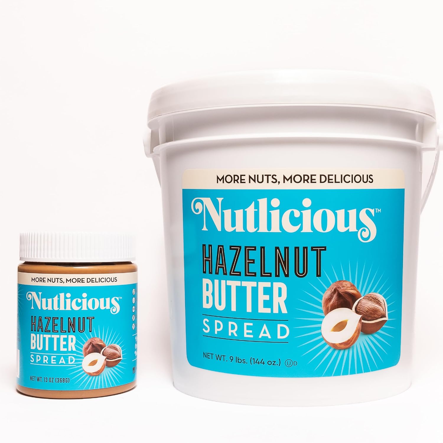 Two Nutlicious Hazelnut Butter Spread containers, one 13 oz jar and one 9 lb bucket, showcasing smooth hazelnut spread and nut illustrations on bright blue labels.