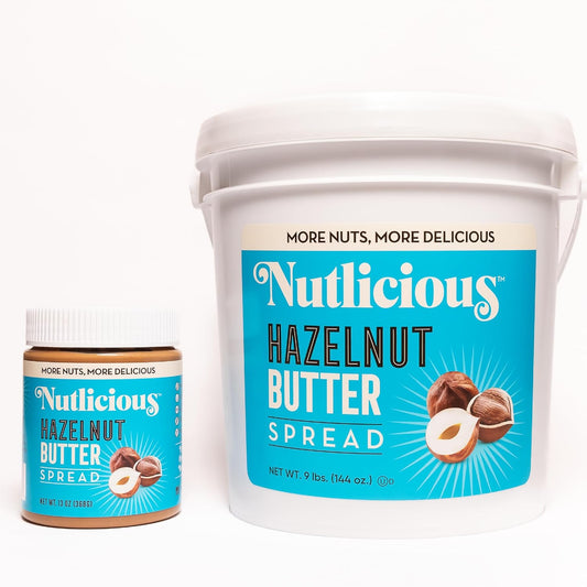 Two Nutlicious Hazelnut Butter Spread containers, one 13 oz jar and one 9 lb bucket, showcasing smooth hazelnut spread and nut illustrations on bright blue labels.