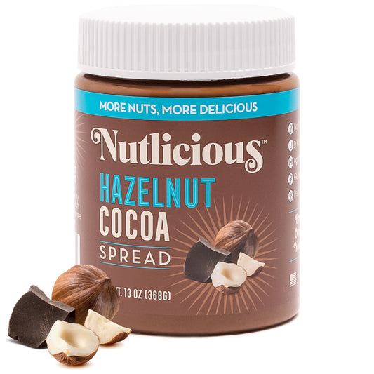 Jar of Nutlicious Hazelnut Cocoa Spread with roasted hazelnuts and cocoa pieces.
