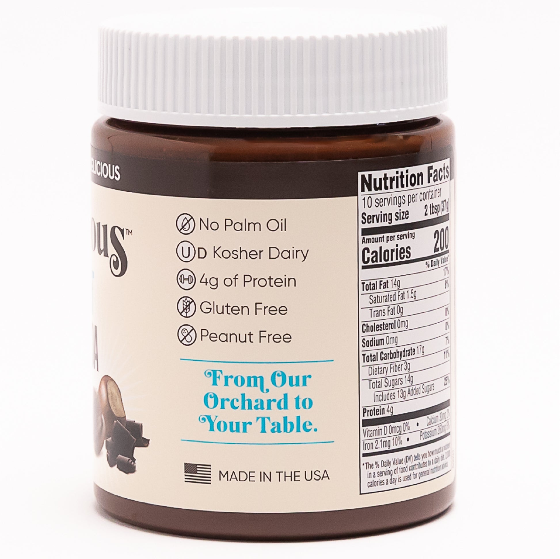 A 13 oz jar of Nutlicious Hazelnut Dark Cocoa Spread with a white lid and cream-colored label, featuring hazelnuts and dark cocoa pieces at the front of the jar.