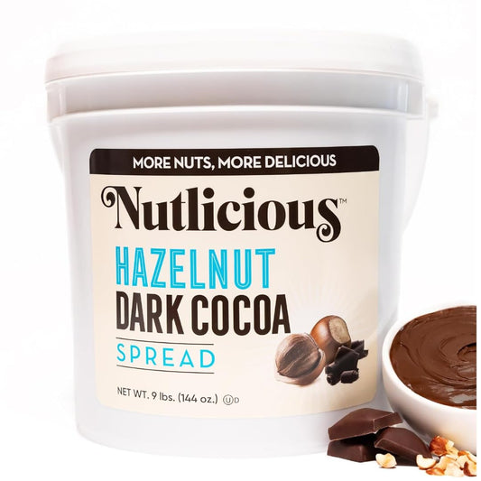Large 9 lb tub of Nutlicious Hazelnut Dark Cocoa Spread with creamy texture, Oregon hazelnuts, and rich dark cocoa flavor.