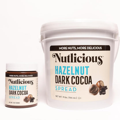 Nutlicious Hazelnut Dark Cocoa Spread in two sizes, a small 13 oz jar and a large 9 lb tub, with creamy hazelnut and dark cocoa flavor.