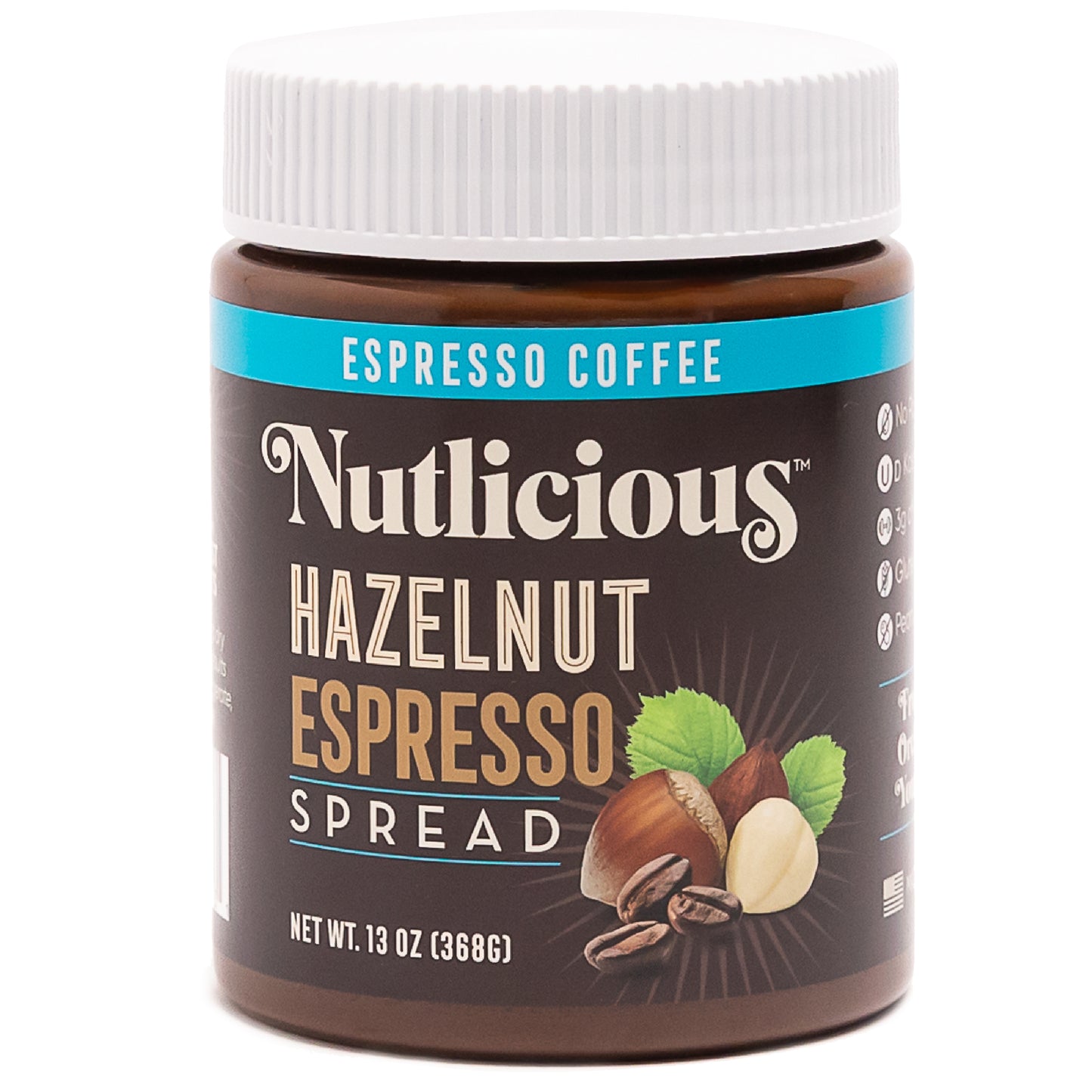 Nutlicious Hazelnut Espresso Spread jar (13 oz) with coffee beans and hazelnuts displayed on the label.
