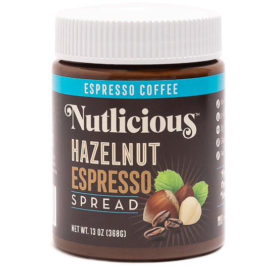 Nutlicious Hazelnut Espresso Spread jar (13 oz) with coffee beans and hazelnuts displayed on the label.