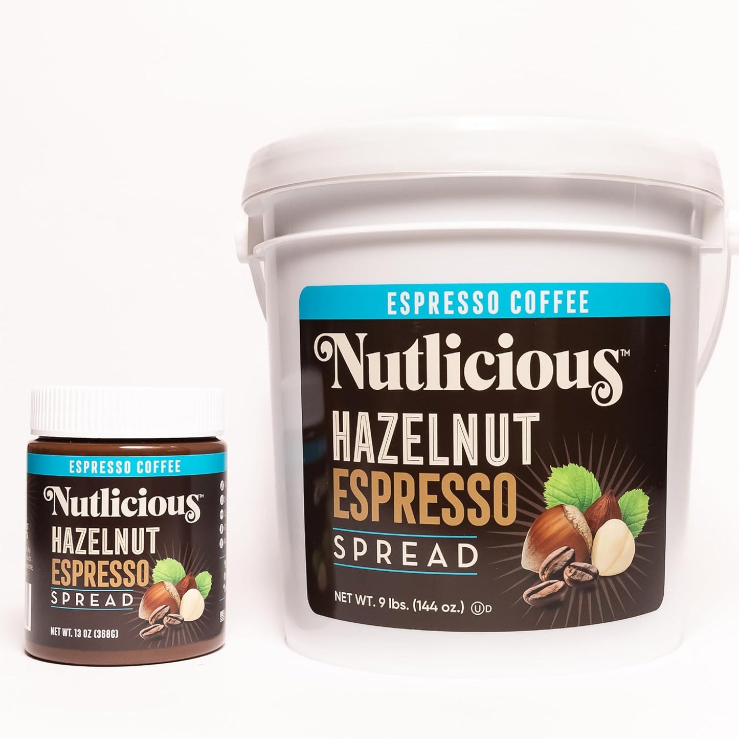 Nutlicious Hazelnut Espresso Spread jar and bulk pail – hazelnut and espresso coffee flavored spread