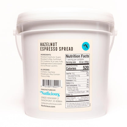 Back label of Nutlicious Hazelnut Espresso Spread with ingredients and nutrition facts