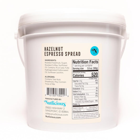 Back label of Nutlicious Hazelnut Espresso Spread with ingredients and nutrition facts