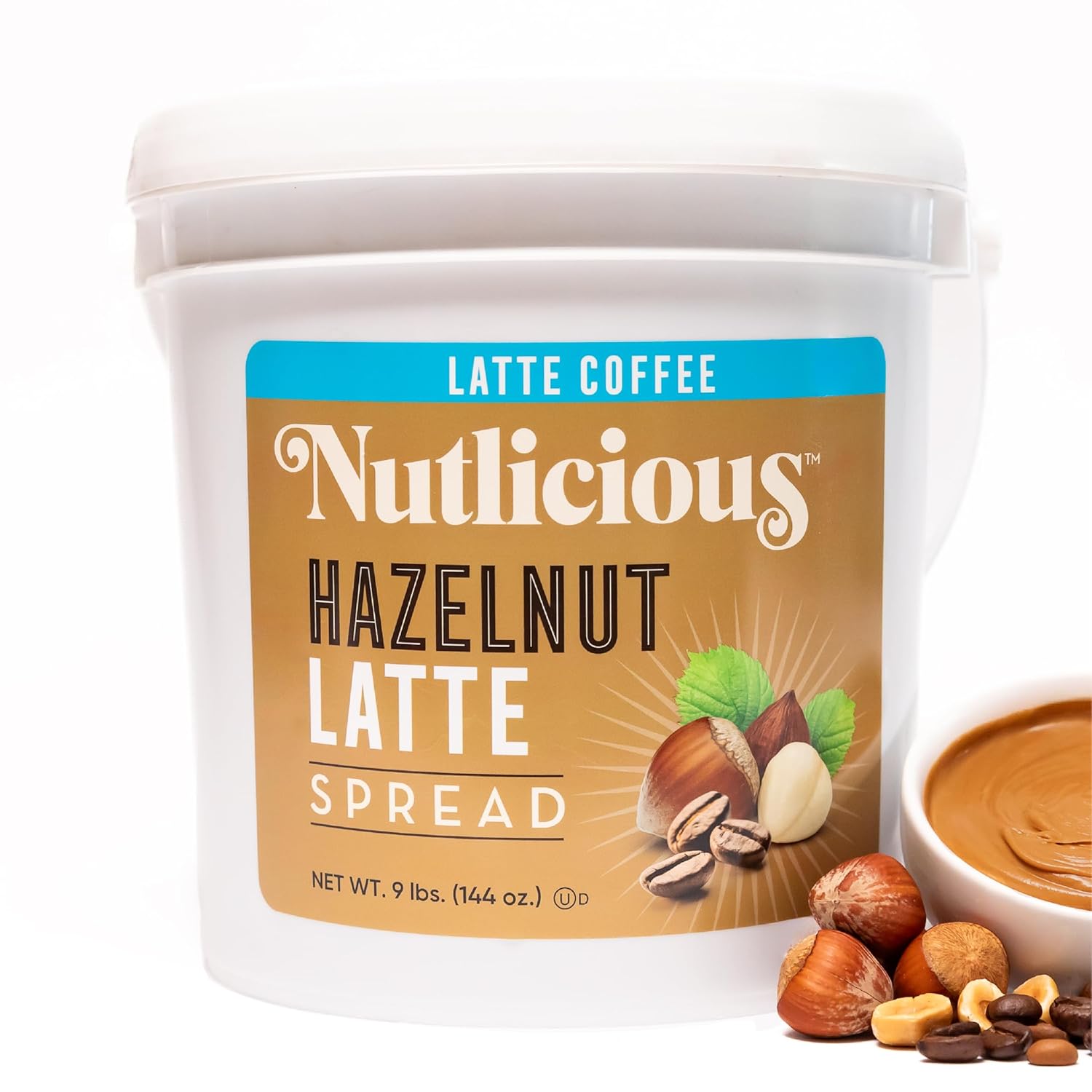 Nutlicious Hazelnut Latte Spread in a 9 lb white tub with golden label, featuring hazelnuts, coffee beans, and a bowl of creamy spread.