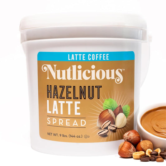 Nutlicious Hazelnut Latte Spread in a 9 lb white tub with golden label, featuring hazelnuts, coffee beans, and a bowl of creamy spread.