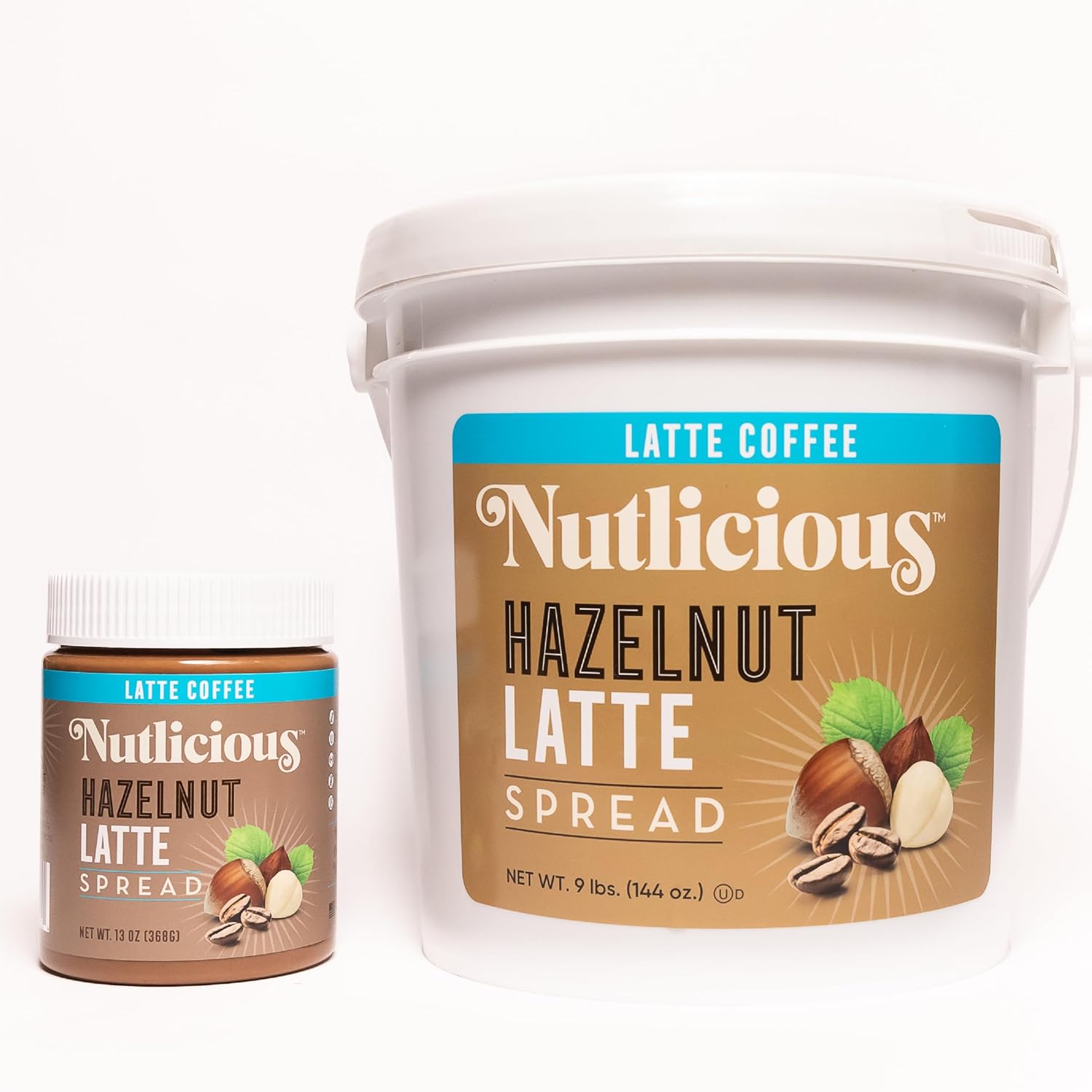 Front view of Nutlicious Hazelnut Latte Spread in two sizes: a 13 oz jar and a large 9 lb tub, both with latte coffee–themed brown and blue labels featuring hazelnuts and coffee beans.