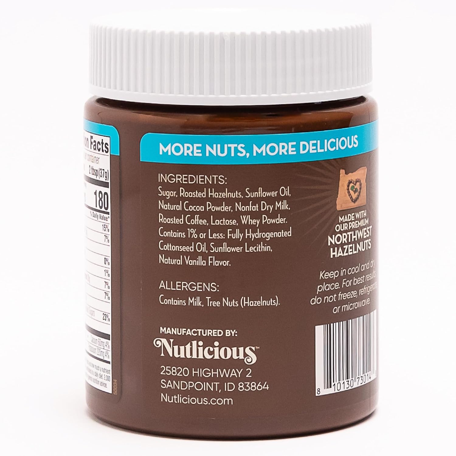 Back label of a Nutlicious hazelnut spread jar showing ingredients, allergens, and manufacturer details, highlighting that it is made with premium Northwest hazelnuts.