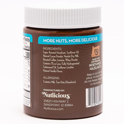 Back label of a Nutlicious hazelnut spread jar showing ingredients, allergens, and manufacturer details, highlighting that it is made with premium Northwest hazelnuts.