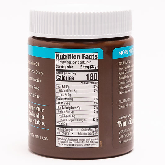 Nutrition facts and ingredient label of Nutlicious Hazelnut Mocha Spread (13 oz), showing calories, fat, carbohydrates, protein, and allergens.