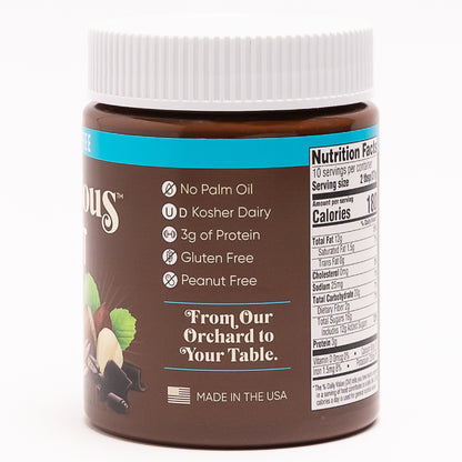 Back view of Nutlicious Hazelnut Mocha Spread jar (13 oz) showing nutrition facts label with 180 calories per serving and ingredients list.