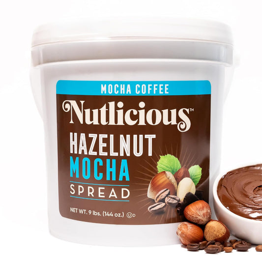 Nutlicious Hazelnut Mocha Spread 9 lb tub with hazelnuts and coffee beans
