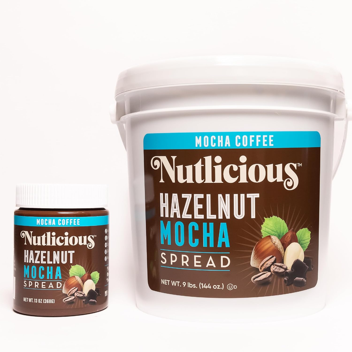 Nutlicious Hazelnut Mocha Spread in two sizes: a 13 oz jar and a 9 lbs bucket, featuring bold mocha and hazelnut flavors with coffee beans and hazelnuts on the label