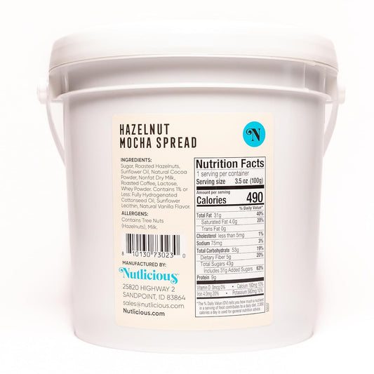 Back label of Nutlicious Hazelnut Mocha Spread tub showing nutrition facts and ingredients list.