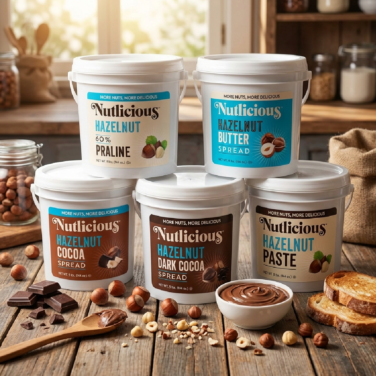 A premium assortment of Nutlicious hazelnut spreads and pastes in bulk tubs, styled with whole hazelnuts, cocoa, Praline, hazelnut paste.

