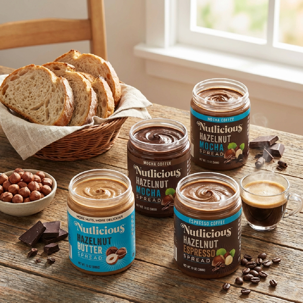 A cozy tabletop scene showcasing Nutlicious hazelnut spreads with espresso and mocha flavors, paired with fresh bread, coffee, and chocolate.