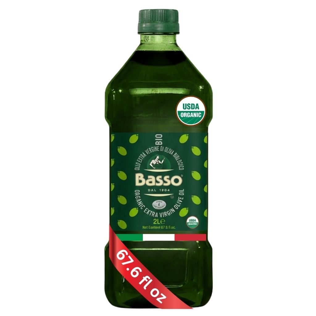 Bottle of Basso olive oil with USDA Organic label on a white background