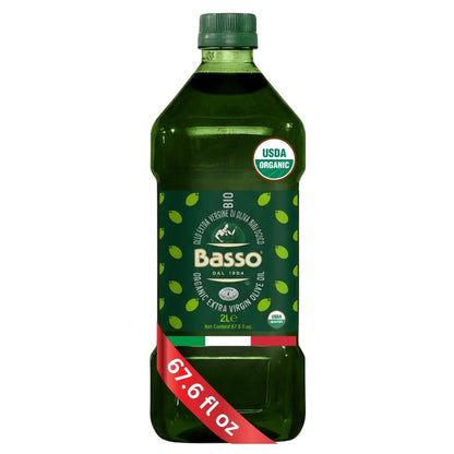 Bottle of Basso olive oil with USDA Organic label on a white background