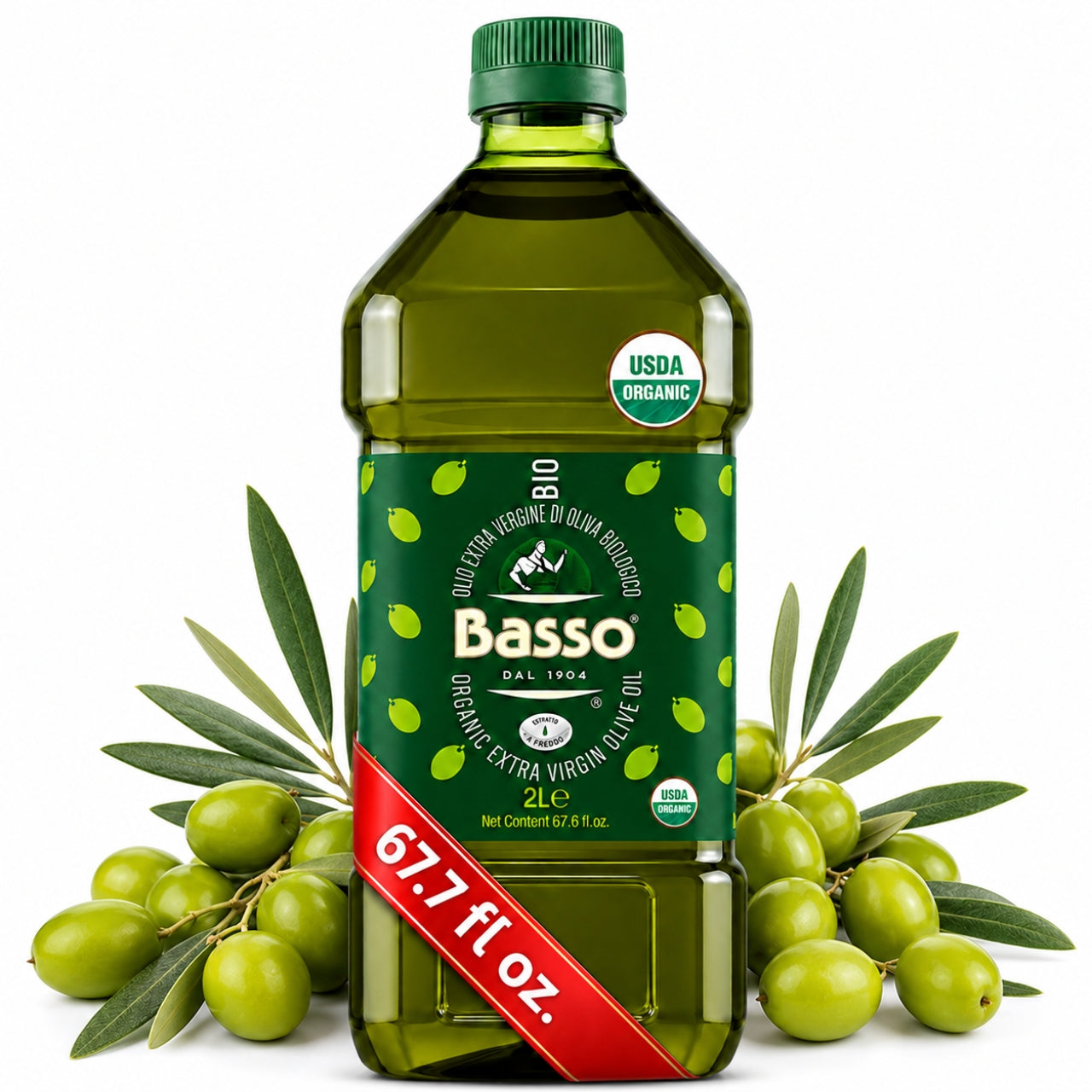 Basso Organic Extra Virgin Olive Oil 2L bottle with fresh green olives on a white background.
