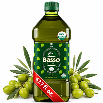 Basso Organic Extra Virgin Olive Oil 2L bottle with fresh green olives on a white background.