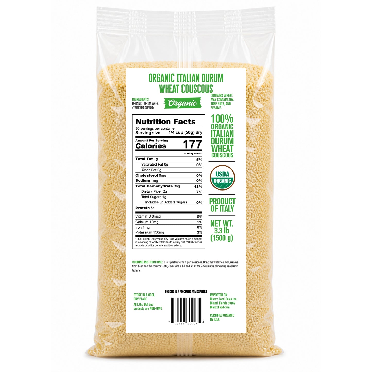 Premium Italian durum wheat couscous made from semolina. Quick to prepare with a light, fluffy texture and mild nutty flavor, perfect for salads, side dishes, soups, and Mediterranean meals.
