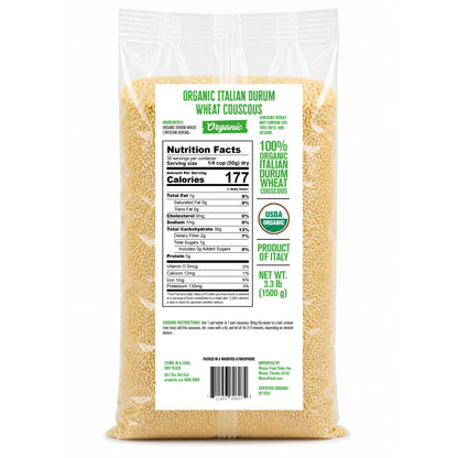 Premium Italian durum wheat couscous made from semolina. Quick to prepare with a light, fluffy texture and mild nutty flavor, perfect for salads, side dishes, soups, and Mediterranean meals.