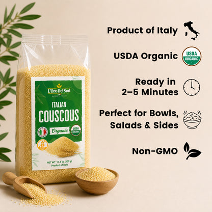 Premium Italian durum wheat couscous made from semolina. Quick to prepare with a light, fluffy texture and mild nutty flavor, perfect for salads, side dishes, soups, and Mediterranean meals.