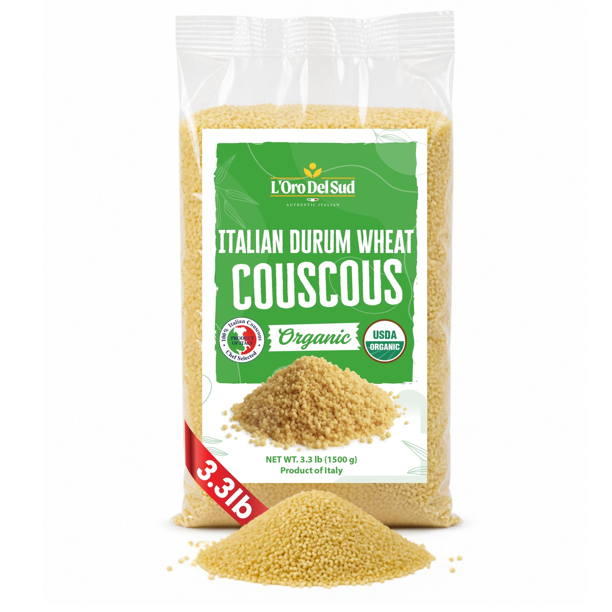 Premium Italian durum wheat couscous made from semolina. Quick to prepare with a light, fluffy texture and mild nutty flavor, perfect for salads, side dishes, soups, and Mediterranean meals.