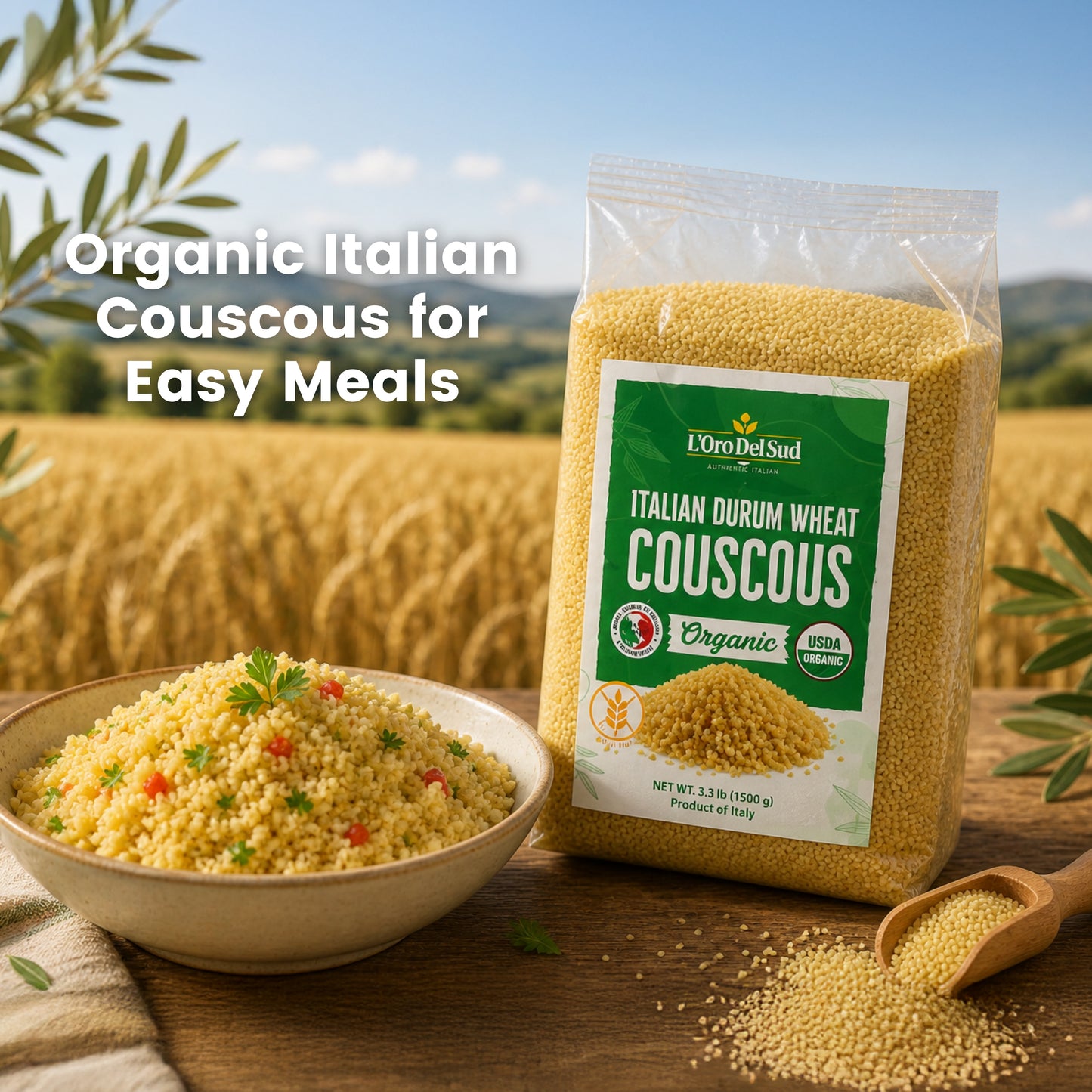 Premium Italian durum wheat couscous made from semolina. Quick to prepare with a light, fluffy texture and mild nutty flavor, perfect for salads, side dishes, soups, and Mediterranean meals.