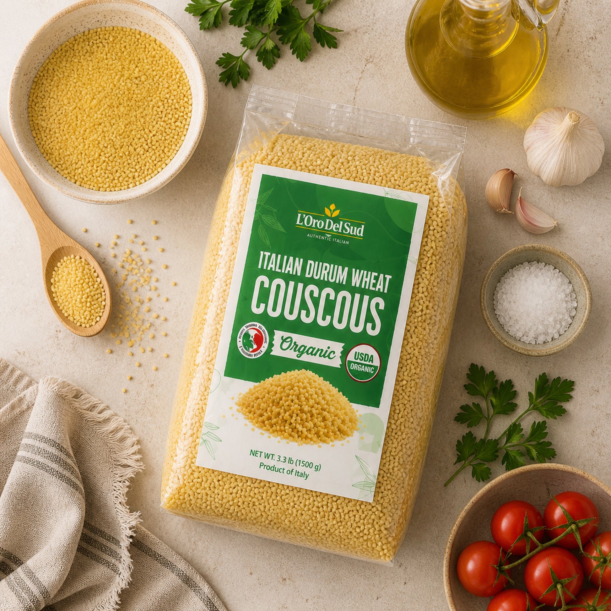 Premium Italian durum wheat couscous made from semolina. Quick to prepare with a light, fluffy texture and mild nutty flavor, perfect for salads, side dishes, soups, and Mediterranean meals.