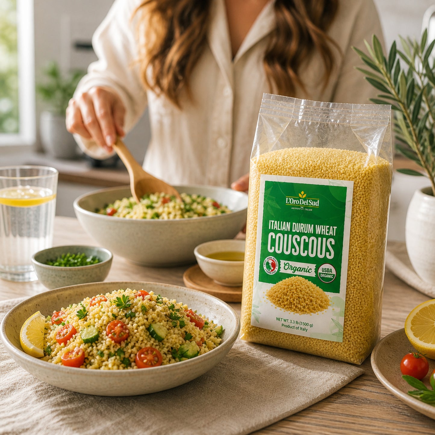 Premium Italian durum wheat couscous made from semolina. Quick to prepare with a light, fluffy texture and mild nutty flavor, perfect for salads, side dishes, soups, and Mediterranean meals.