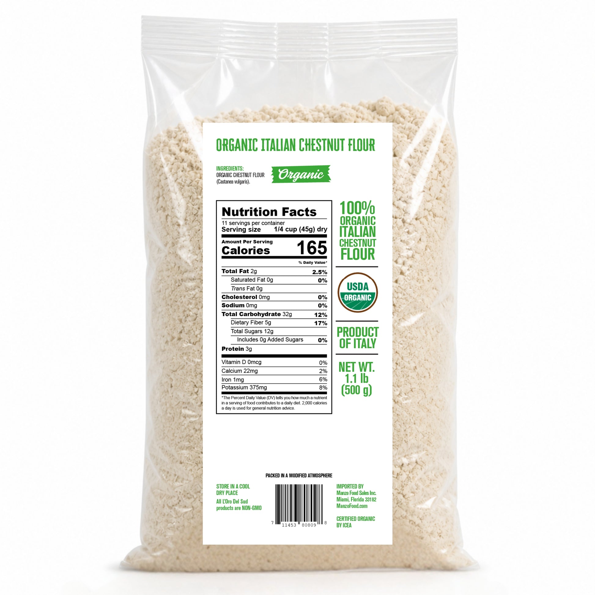 Premium Italian chestnut flour made from stone-milled dried chestnuts. Naturally gluten-free with a sweet, nutty flavor and smooth texture, perfect for baking, pasta, crepes, and traditional Italian recipes.