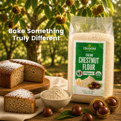 L'Oro Del Sud Chestnut Flour (500g / 1.1 lb) — premium gluten-free specialty flour from Southern Italy. Naturally sweet, rich in fiber & minerals. Perfect for gluten-free baking, pasta, crepes & traditional Italian recipes.