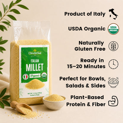 Naturally gluten-free hulled millet from Southern Italy with a mild, nutty flavor and light, fluffy texture. Perfect as a rice substitute, for soups, salads, porridge, and grain bowls.