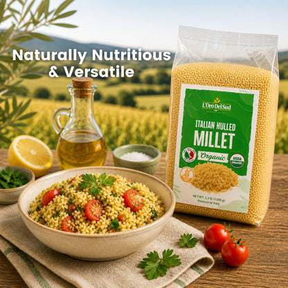 Naturally gluten-free hulled millet from Southern Italy with a mild, nutty flavor and light, fluffy texture. Perfect as a rice substitute, for soups, salads, porridge, and grain bowls.